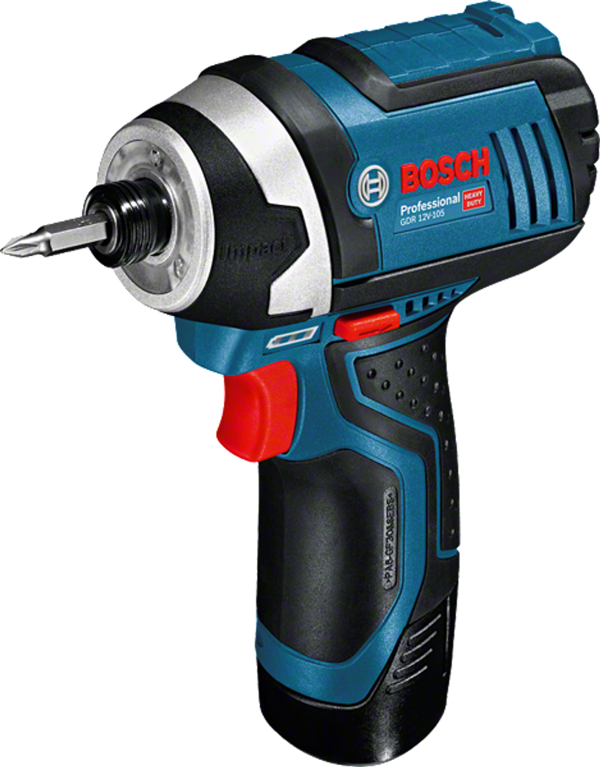 Atornillador de impacto Bosch azul y negro con gatillo rojo. Fondo blanco.