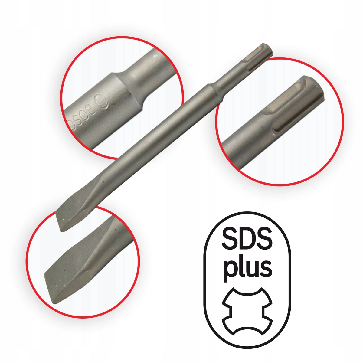 Primer plano de brocas SDS plus con resaltes rojos circulares y un logotipo SDS plus.