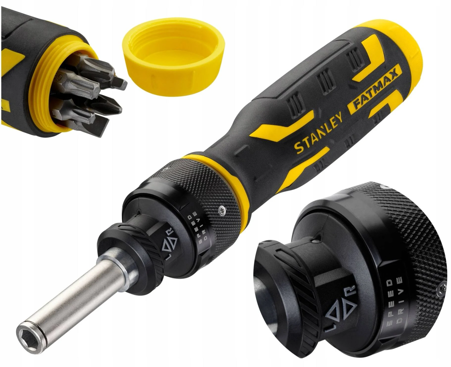 Un destornillador Stanley FatMax multi-punta con puntas y tapa amarilla.