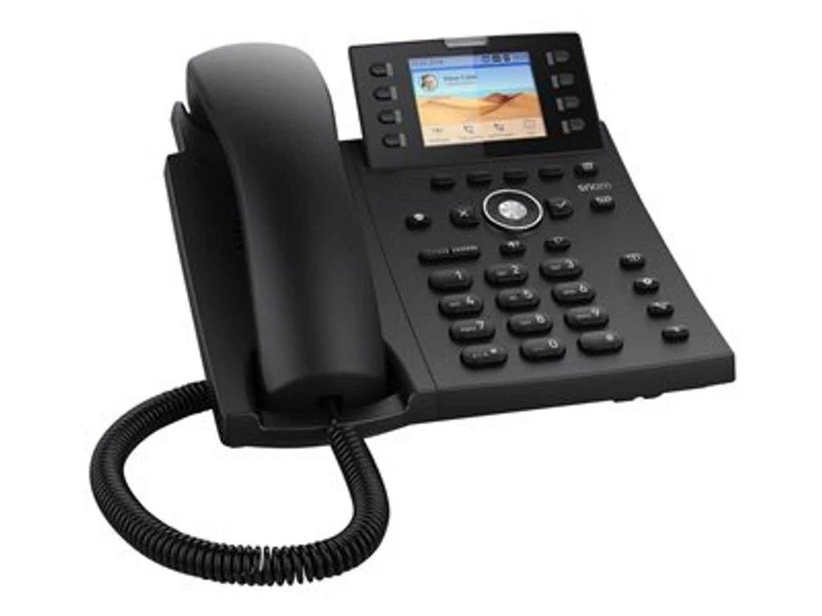 Schwarzes Bürotelefon mit Bildschirm, Wähltasten und Hörer. Der Hörer ist vom Hörer.