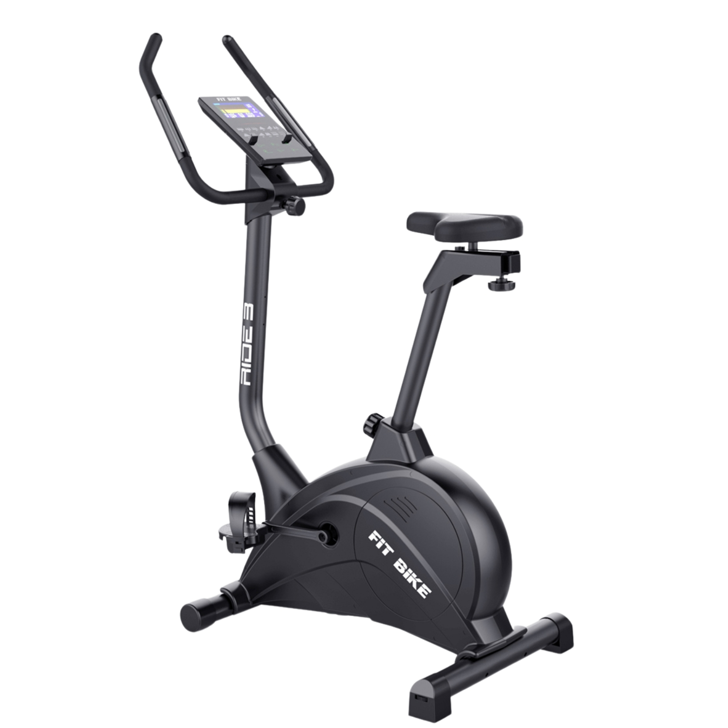 Vélo d'exercice stationnaire noir sur fond blanc. Guidon, siège et écran visibles.