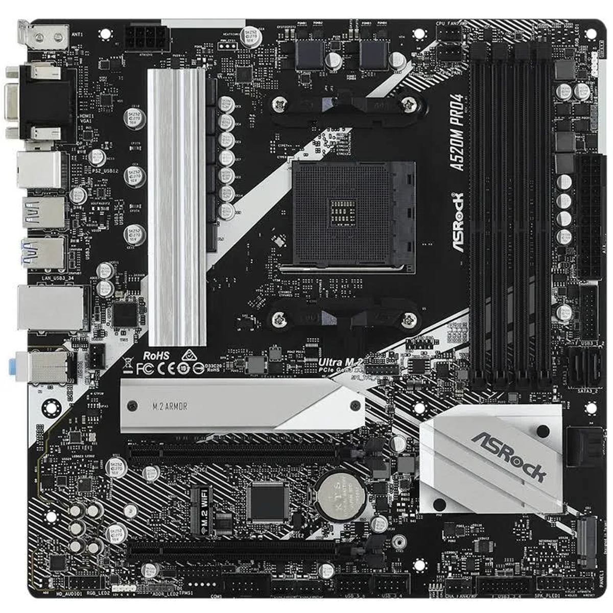 Czarna i srebrna płyta główna komputera z komponentami. Widoczna etykieta ASROCK.