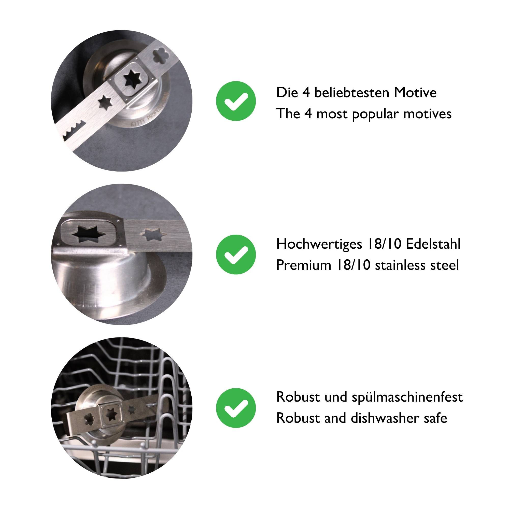 Nahaufnahme von Metallformen mit grünen Häkchen. Text beschreibt die Formen und Edelstahl.