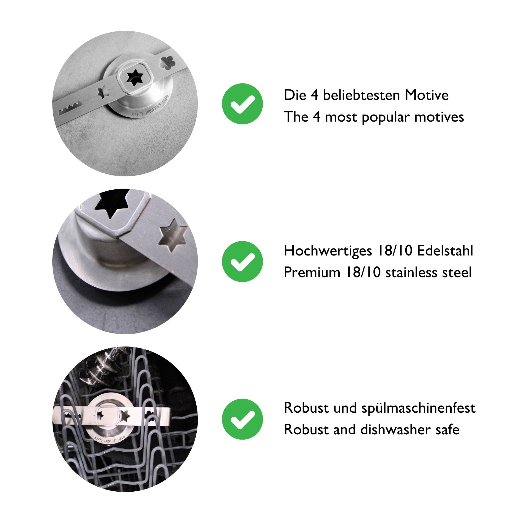 Drei Nahaufnahmen eines Geschirrspüler-Utensils.