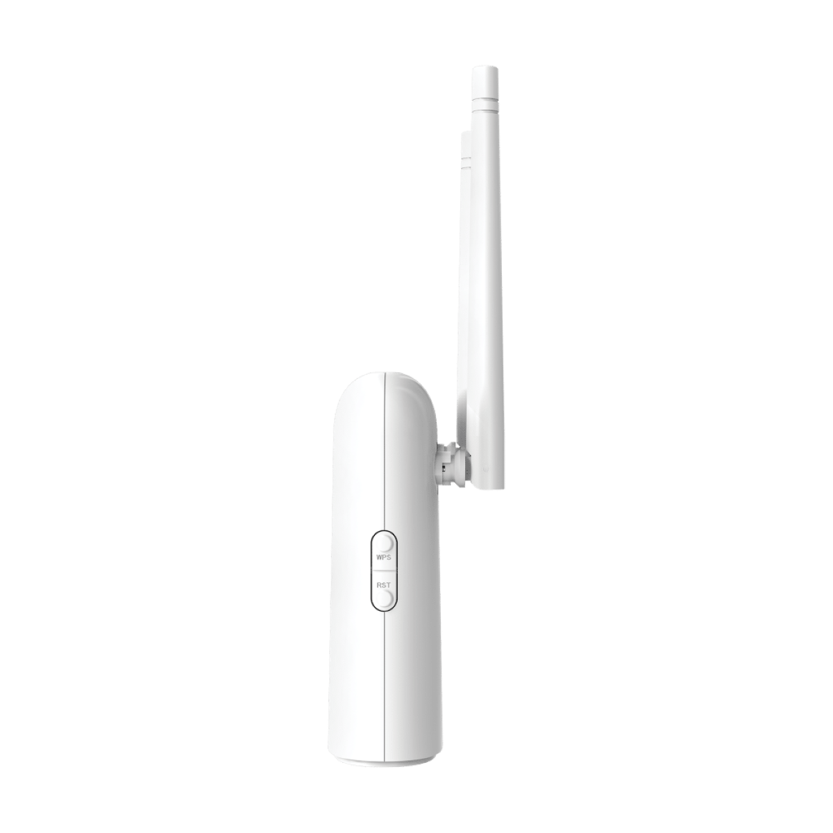 Ein weißer Router mit einer einzelnen Antenne, WPS- und RST-Tasten, isoliert auf Schwarz.