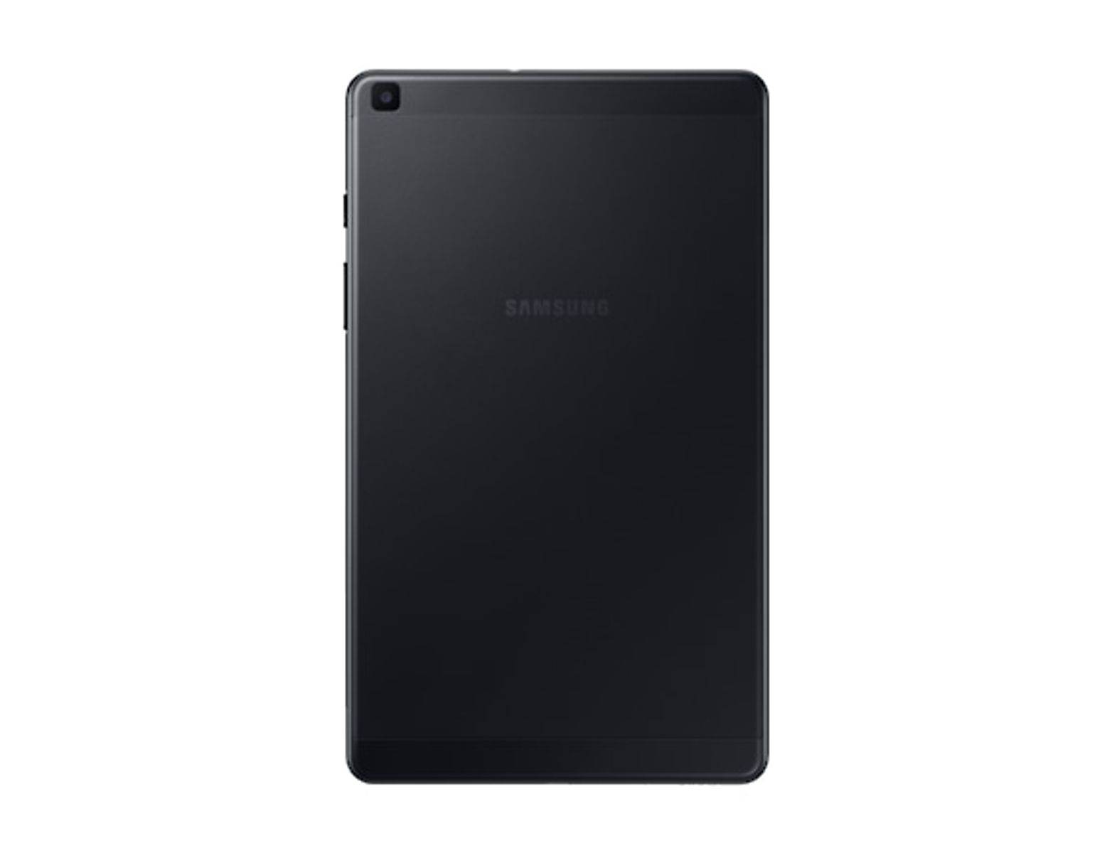 Ein schwarzes Tablet mit Samsung-Logo auf der Rückseite, Objektiv und Seitentasten.