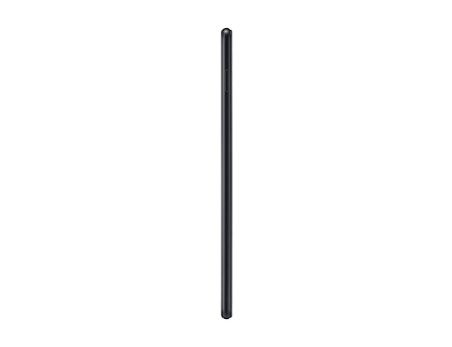 Ein schlankes schwarzes Tablet von der Seite vor weißem Hintergrund betrachtet.
