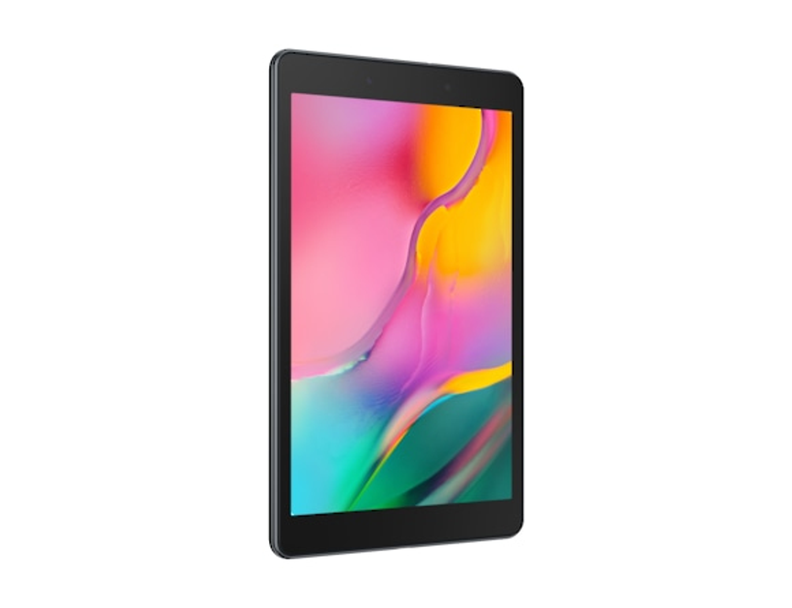 Ein schwarzes Tablet auf weißem Hintergrund, das ein farbenfrohes abstraktes Bild anzeigt.