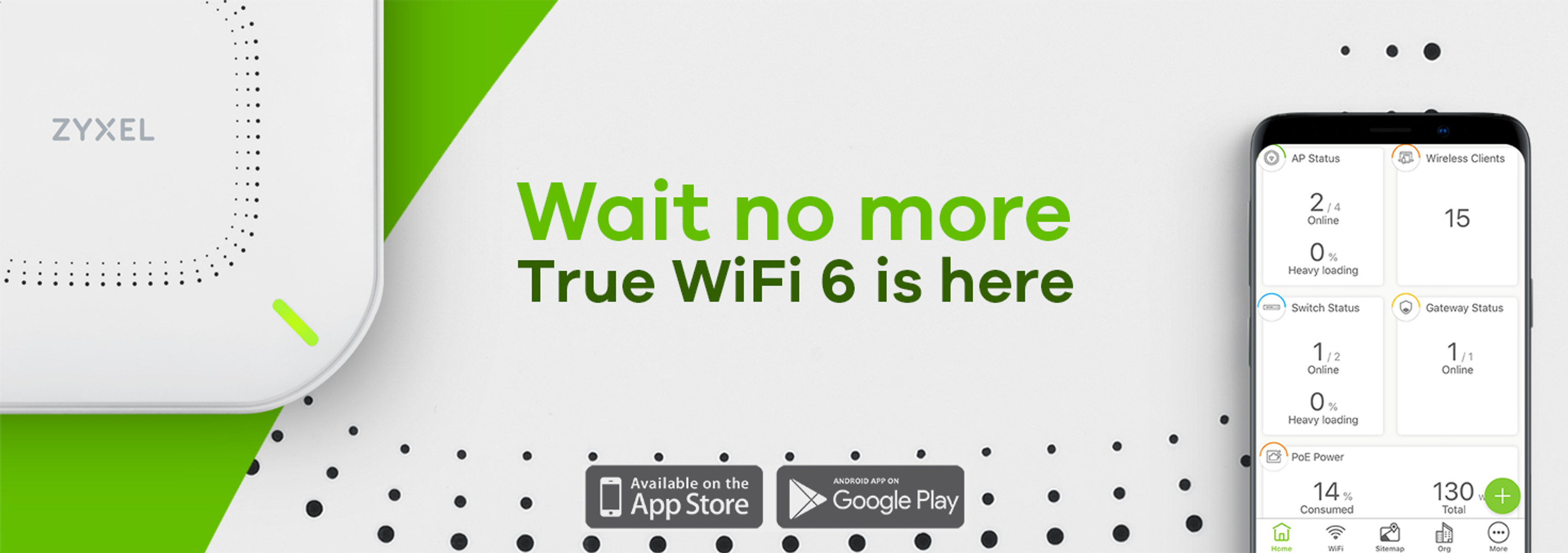 Biały router Zyxel WiFi 6 obok smartfona pokazującego interfejs aplikacji.