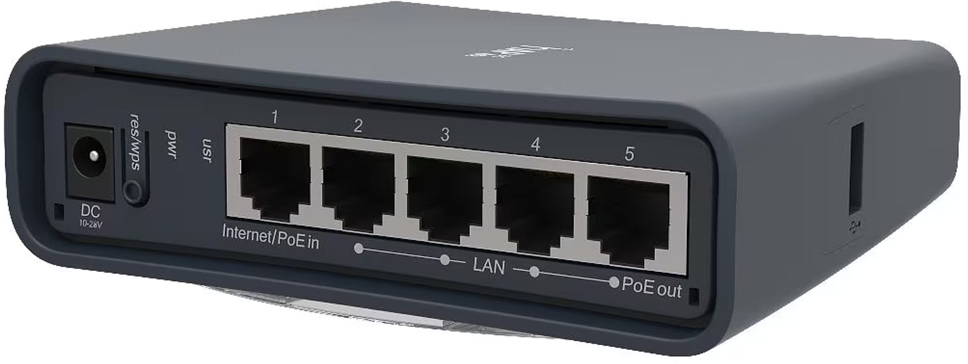 Ciemnoszary przełącznik sieciowy z pięcioma portami Ethernet i portami zasilania i USB.