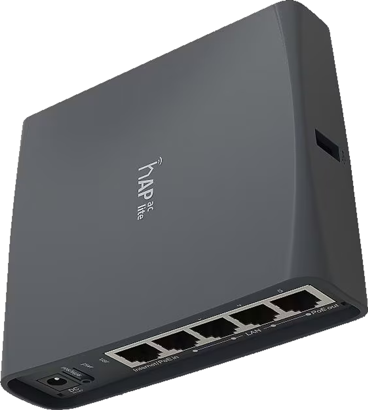 Szare urządzenie sieciowe z portami, marką z boku. Białe tło.