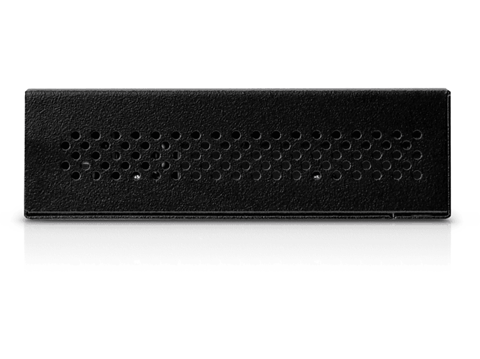 Czarne urządzenie z otworami wentylacyjnymi. Powierzchnia jest teksturowana, a tło czarne.