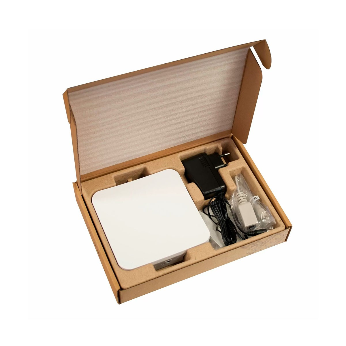 Otwarty karton z białym piankowym wypełnieniem, zawierający białe urządzenie, adapter, kable i małą torebkę.