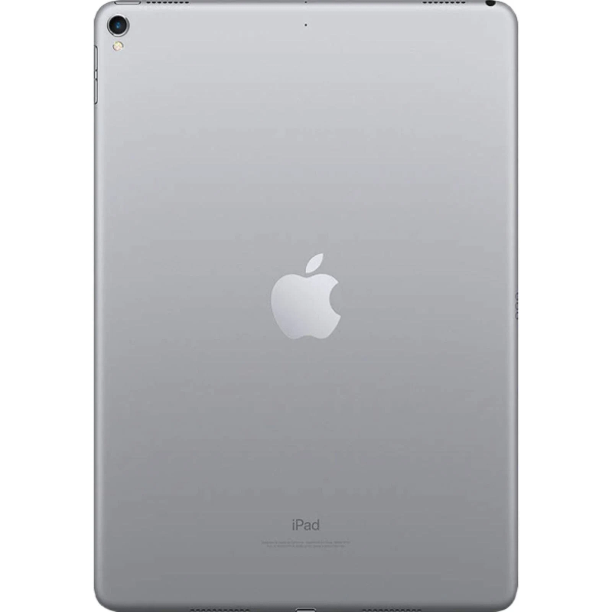 Un iPad plateado, vista trasera. Logotipo de Apple en el centro. Lente de cámara arriba a la izquierda.