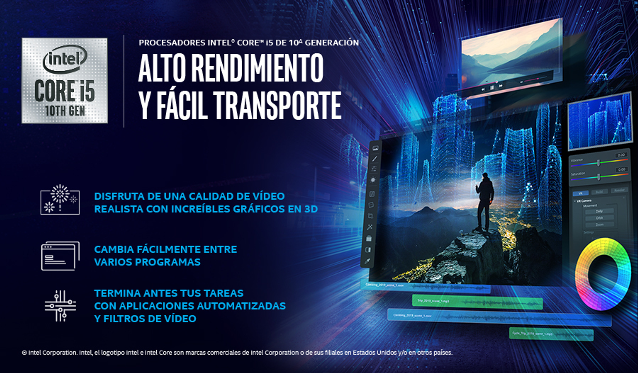 Pubblicità Intel Core i5 con elementi grafici. Presenta un paesaggio urbano, una persona e un pannello di regolazione del colore.