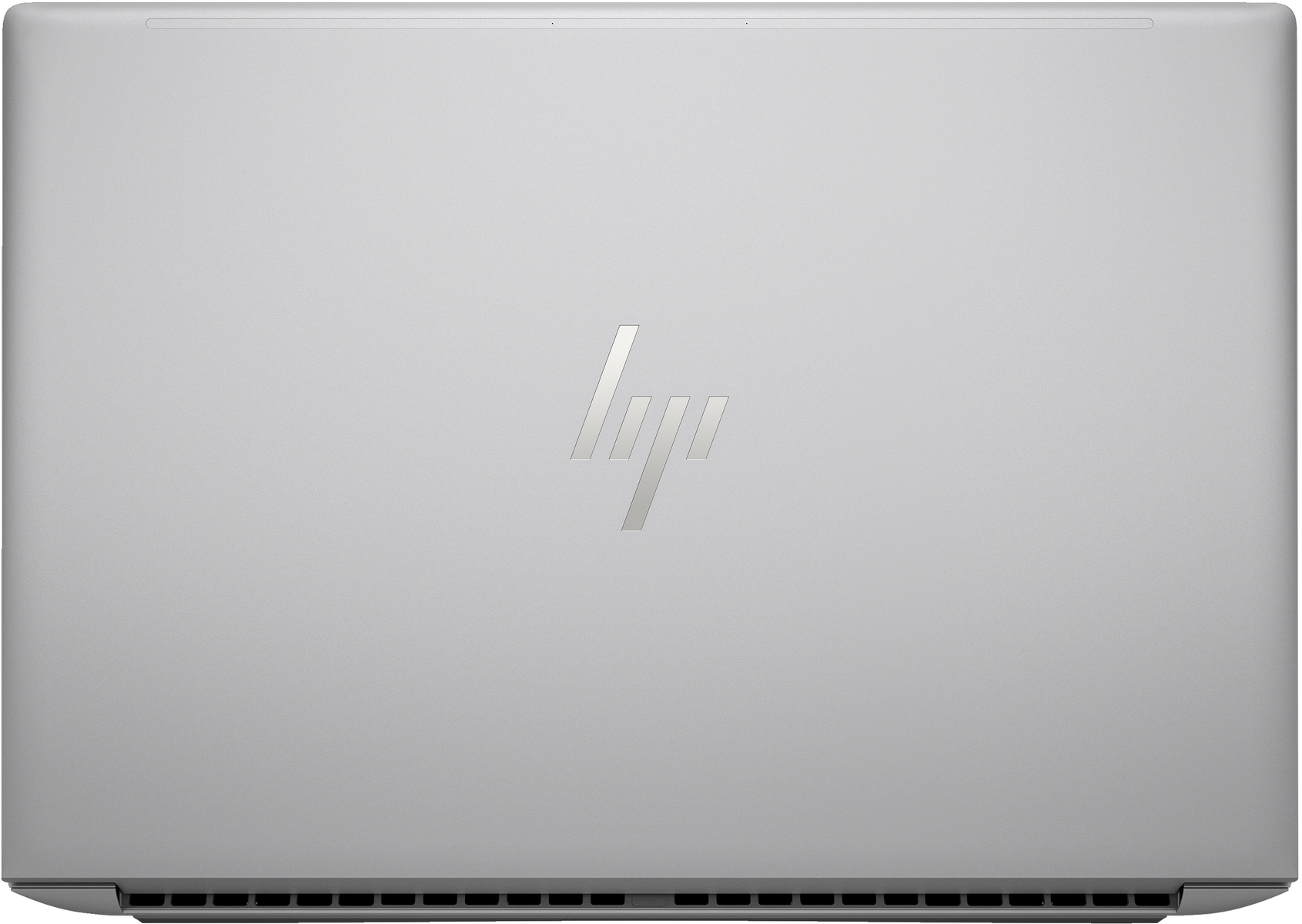 Srebrny laptop HP, widok z góry, z logo HP na środku pokrywy. Minimalistyczny design.
