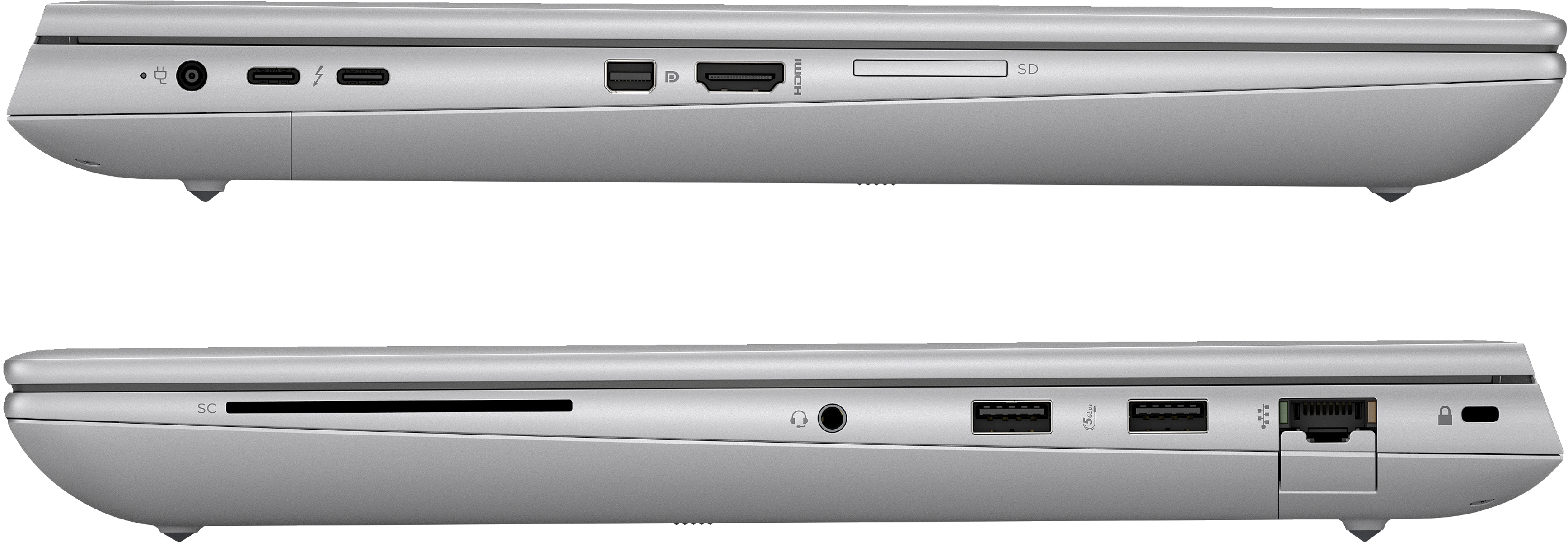 Dwa srebrne laptopy obok siebie, pokazujące porty. Na górze HDMI, SD i USB-C.