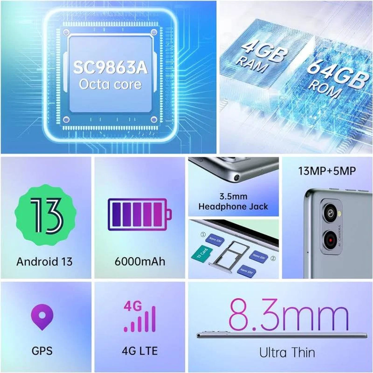 Imagen con especificaciones de un teléfono. Las características incluyen Android 13, Octa core, 64GB ROM y 4G LTE.