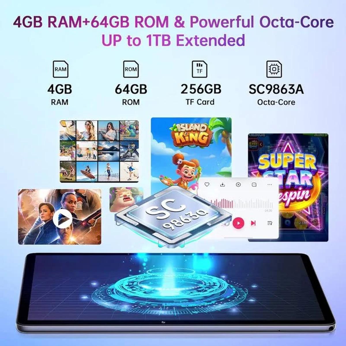 Tableta con 4GB RAM, 64GB ROM y procesador Octa-Core, mostrando aplicaciones de juegos y multimedia.