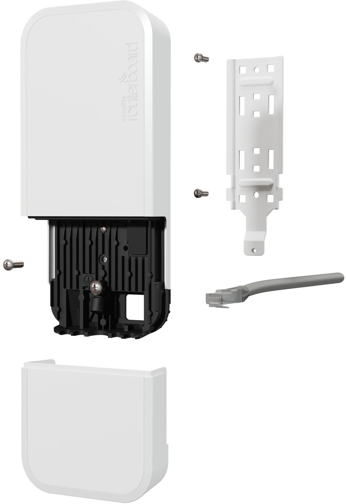 Componentes blancos de la placa de enrutador, con tornillos y accesorios de montaje, desmontados.