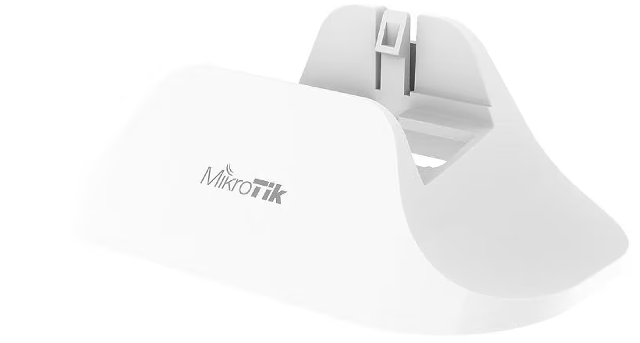 Un soporte blanco para dispositivos MikroTik. Es un diseño curvo y liso con el logotipo de MikroTik.