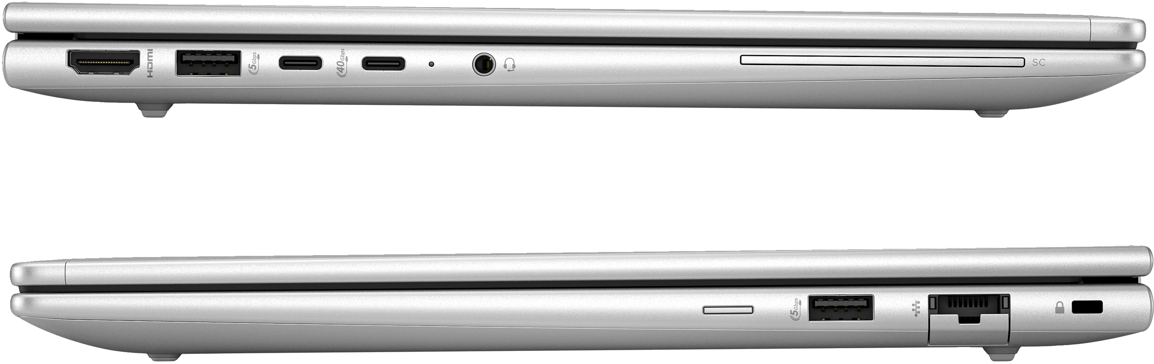Zwei Seitenansichten eines silbernen Laptops, bei denen die Anschlüsse an den Rändern sichtbar sind.