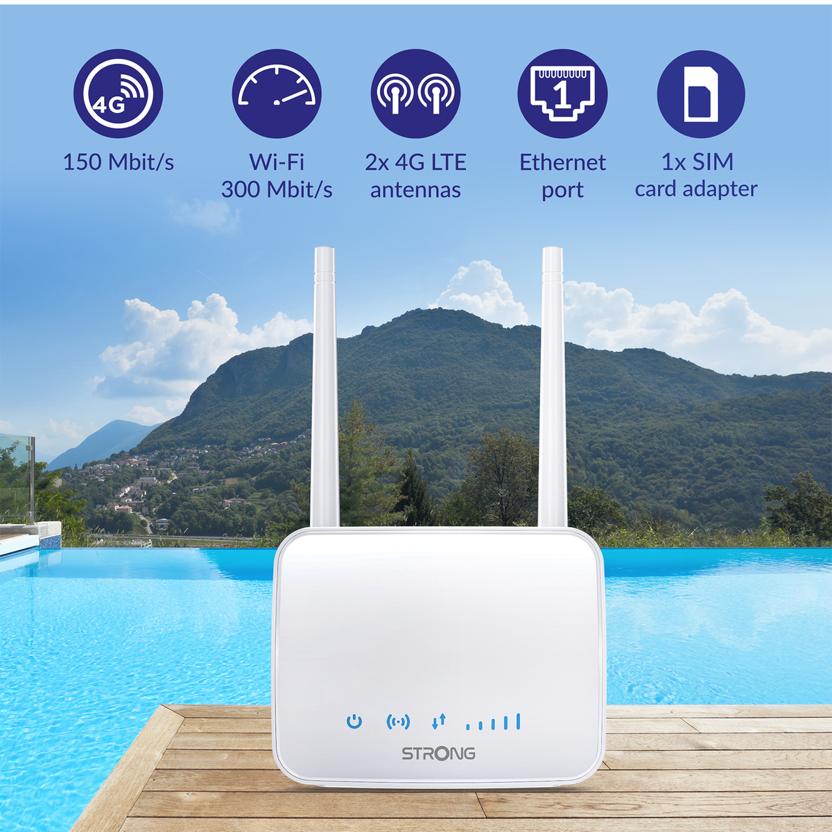 Een witte router met antennes, met verbindingspictogrammen, op een houten dek met een zwembad en bergen.