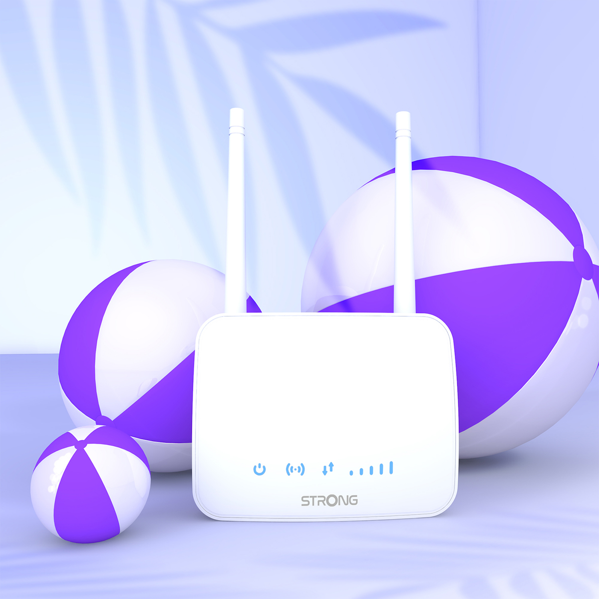 Witte WiFi-router met twee antennes, strandballen in een blauw-paarse omgeving.