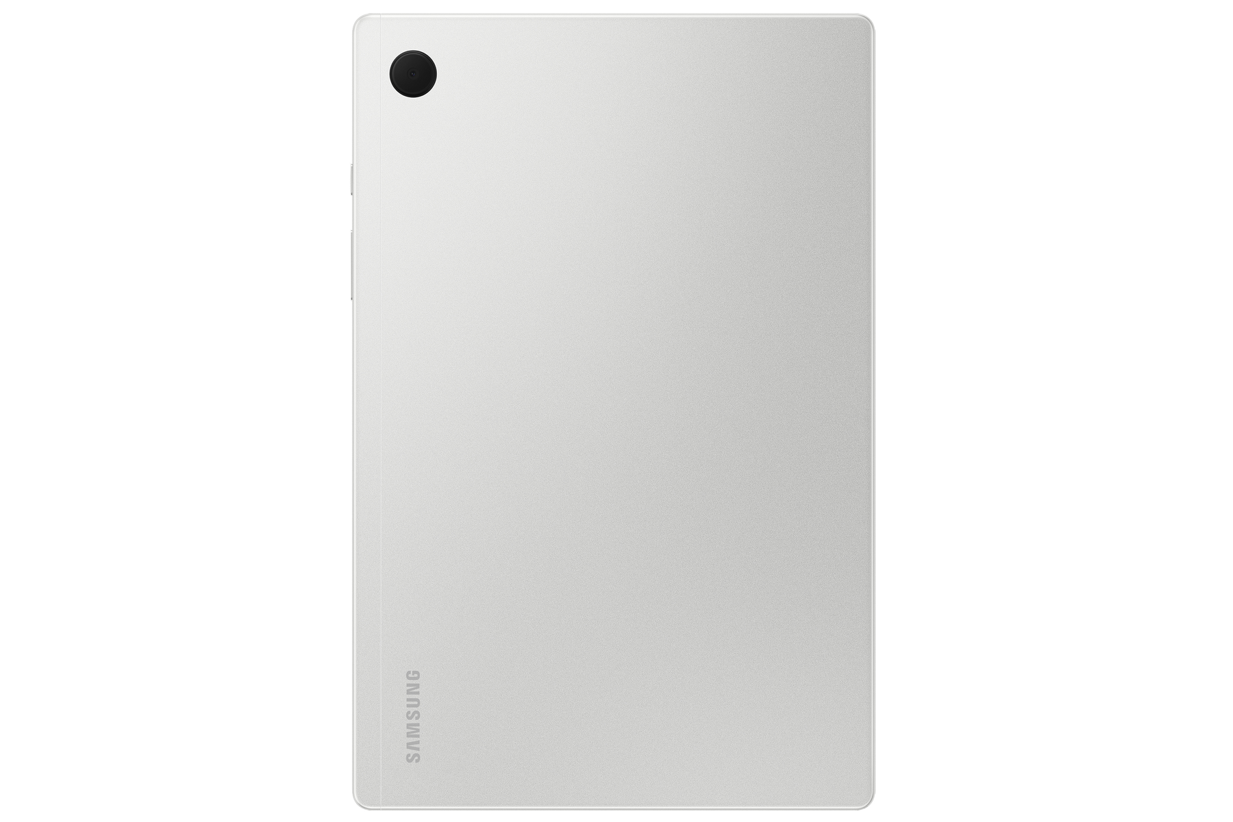 Ein Tablet mit hellgrauer Rückseite, einer Kamera und dem Wort SAMSUNG am unteren Rand.