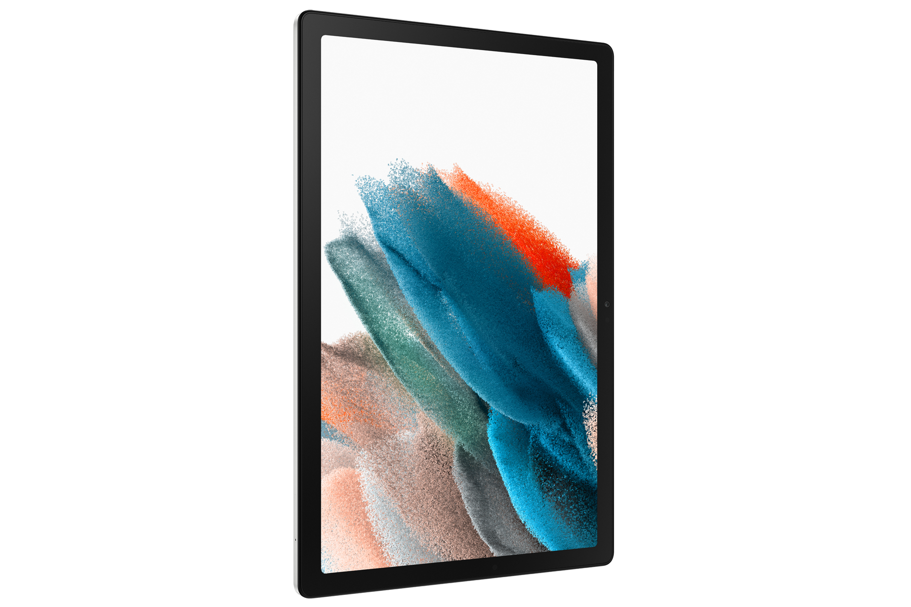 Schwarzes Tablet mit farbenfrohem Design auf dem Bildschirm. Das Tablet ist auf weißem Hintergrund angewinkelt.