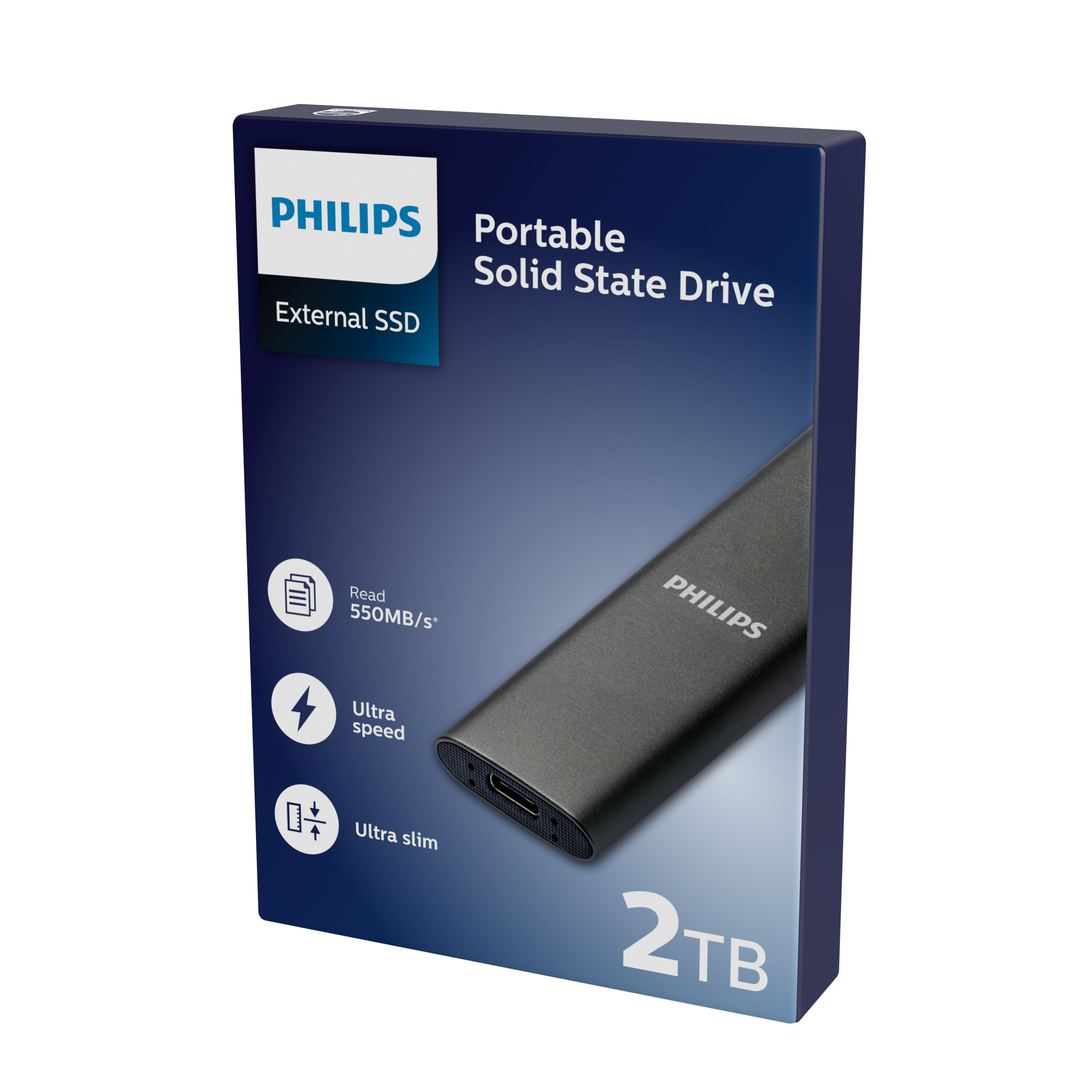 Czarne pudełko zewnętrznego dysku SSD Philips z detalami produktu i marką.