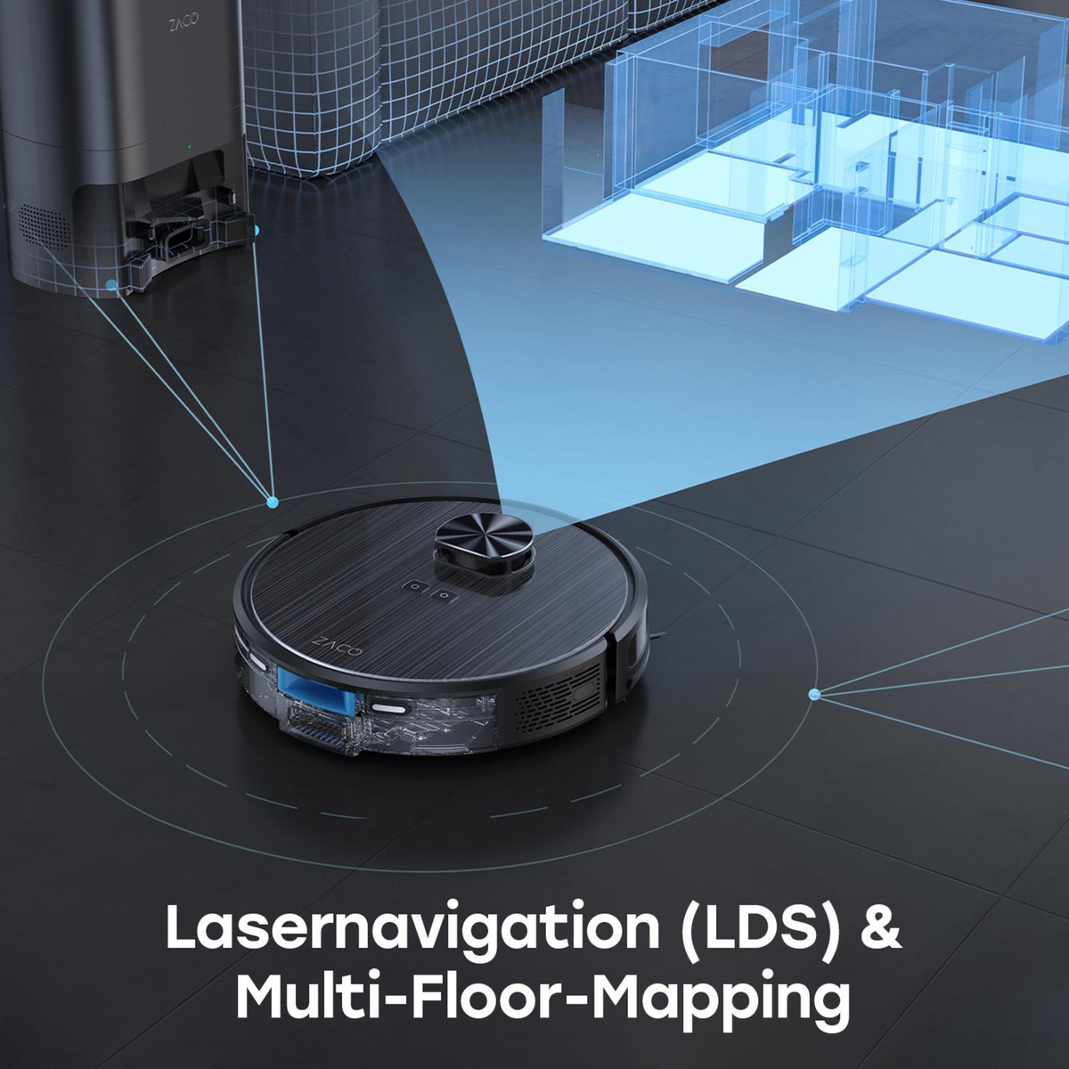 Roboter-Staubsauger mit blauem Lasernavigationssystem.