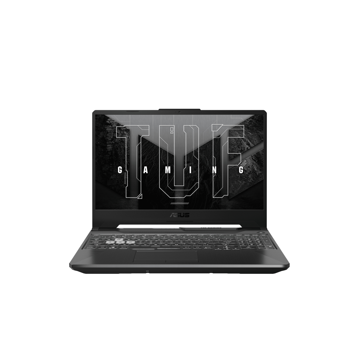 Czarny laptop ASUS TUF Gaming jest otwarty, wyświetlając słowo TUF dużymi, białymi literami na ekranie, na czarnym tle.