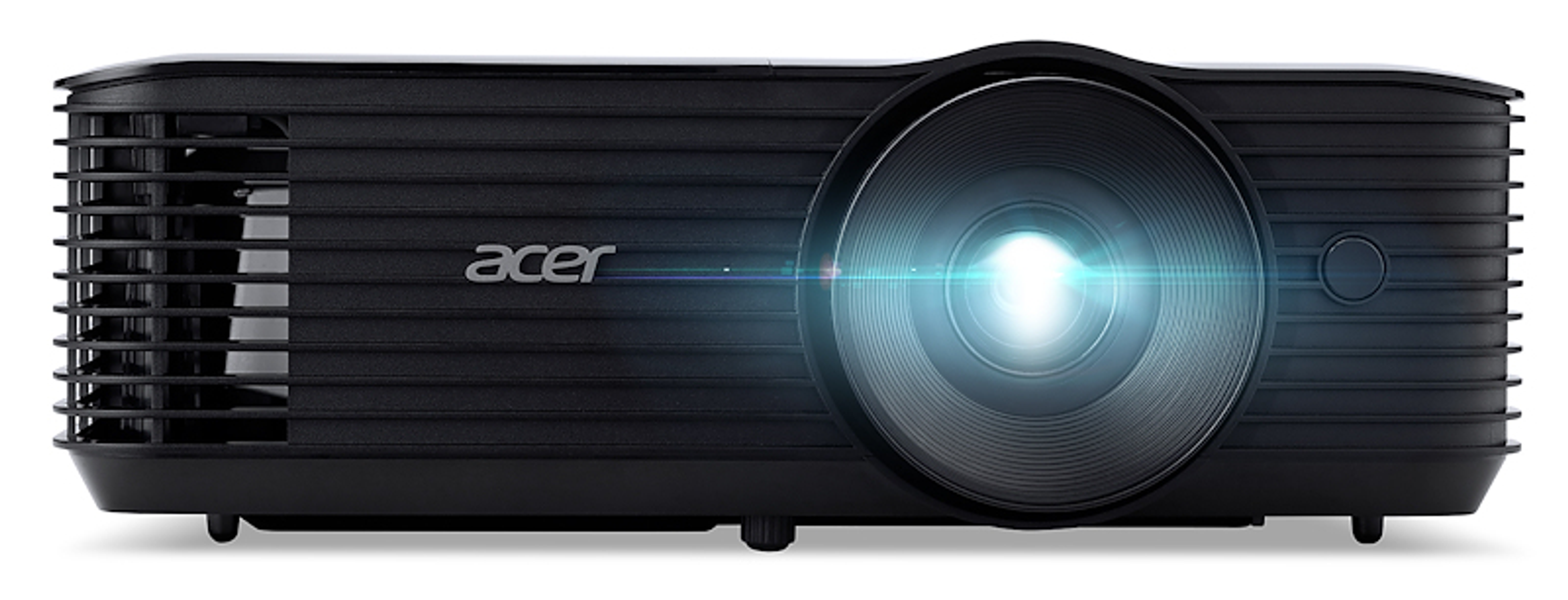Czarny projektor Acer z jasnym strumieniem światła wydobywającym się z obiektywu.