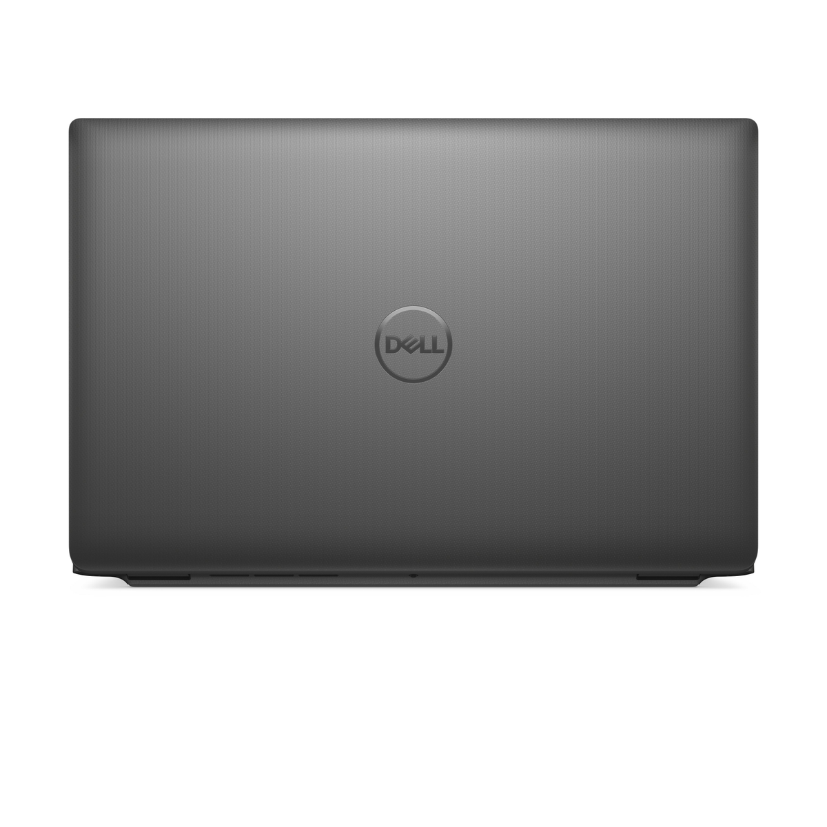 Zamknięty laptop Dell z szarą pokrywą. Logo Dell jest wyśrodkowane. Tło jest białe.