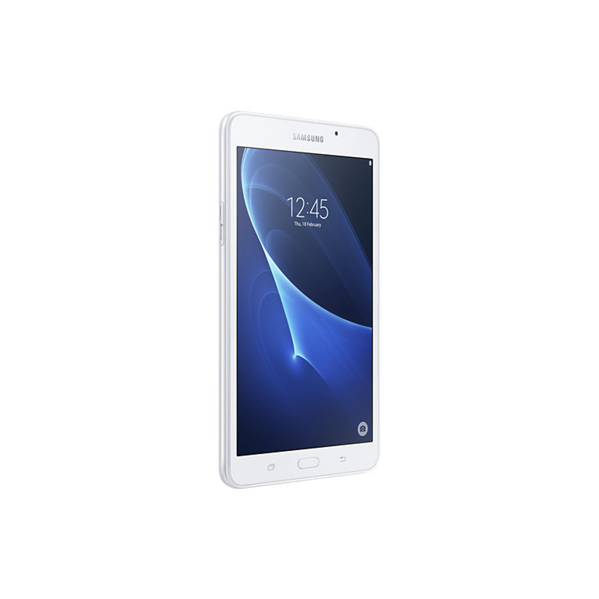 Weißes Samsung-Tablet, das 12:45 Uhr auf dem Bildschirm anzeigt.