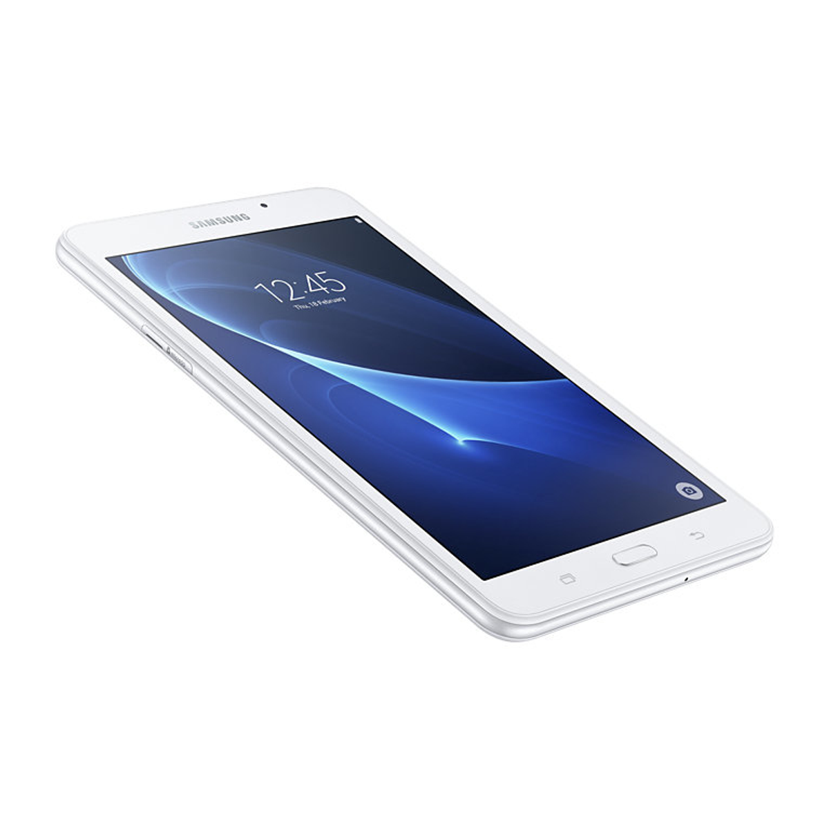 Weißes Samsung-Tablet, das die Uhrzeit 12:45 und das Datum 16. Februar anzeigt.
