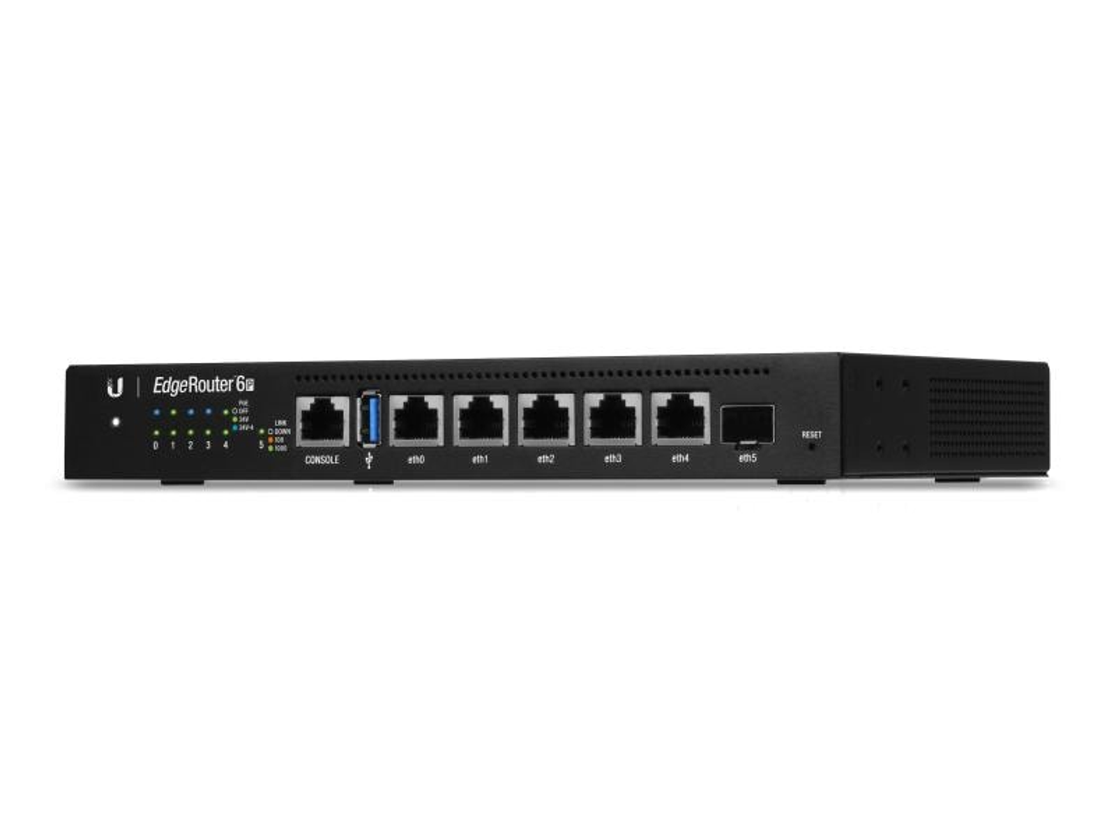 Router di rete nero. Ha più porte Ethernet e luci LED.