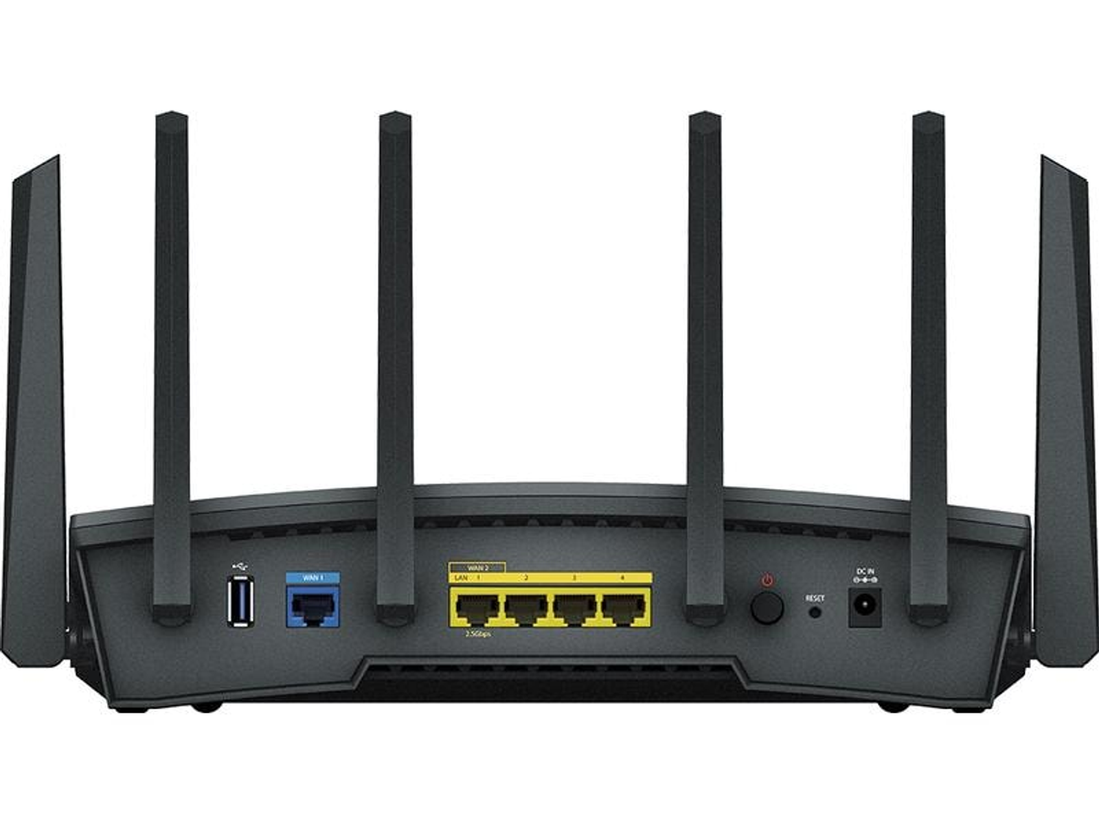 Czarny router z wieloma antenami. Z tyłu znajdują się porty, przycisk resetowania i wejście zasilania.