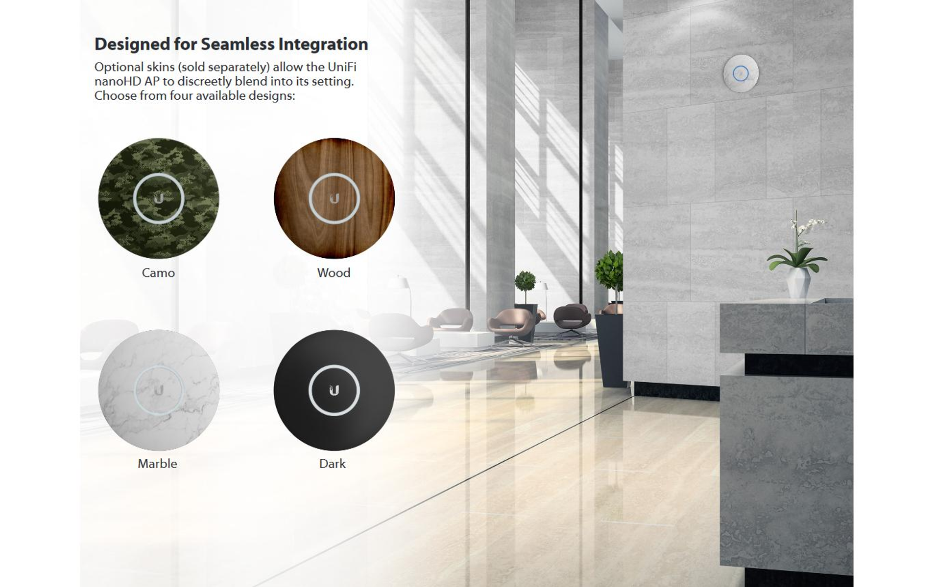 Cztery okrągłe wzory dla urządzenia na ścianie: moro, drewno, marmur i ciemny.