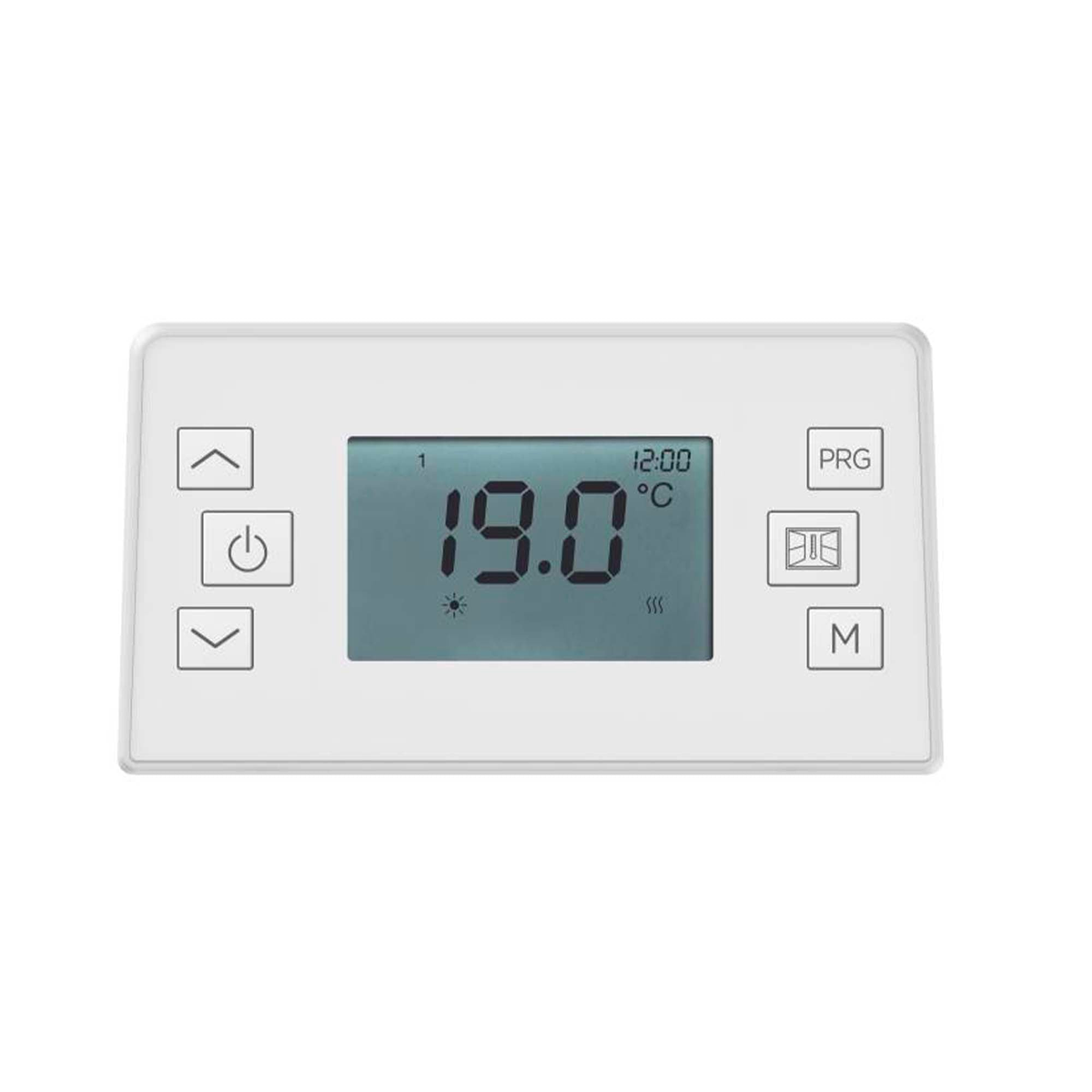 Weißer Thermostat mit Digitalanzeige, die 19,0°C und die Uhrzeit 12:00 zeigt.