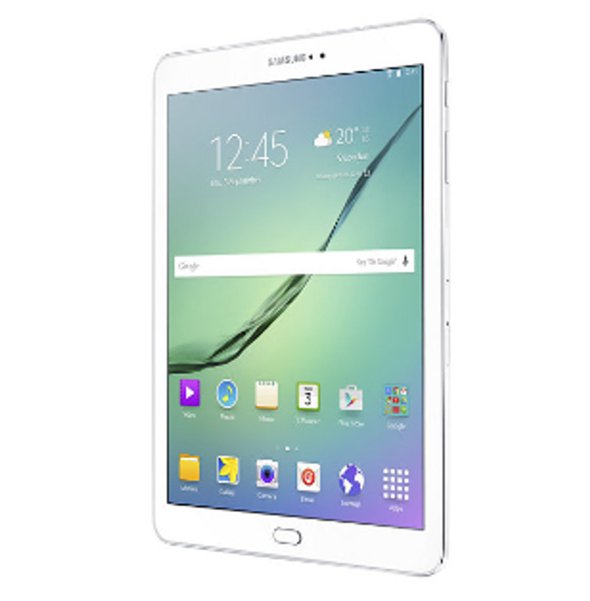 Ein Samsung-Tablet, weißer Rahmen, mit Touchscreen, der Apps anzeigt. Der Bildschirm zeigt die Uhrzeit und das Wetter.