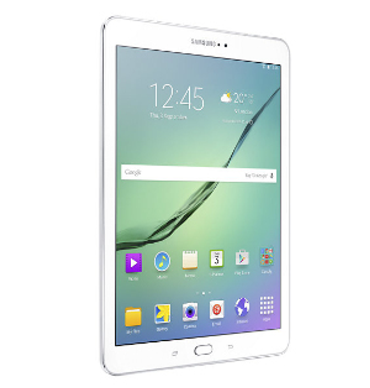 Weißes Tablet, das einen Startbildschirm mit Symbolen und der Uhrzeit anzeigt. Isoliert auf weißem Hintergrund.