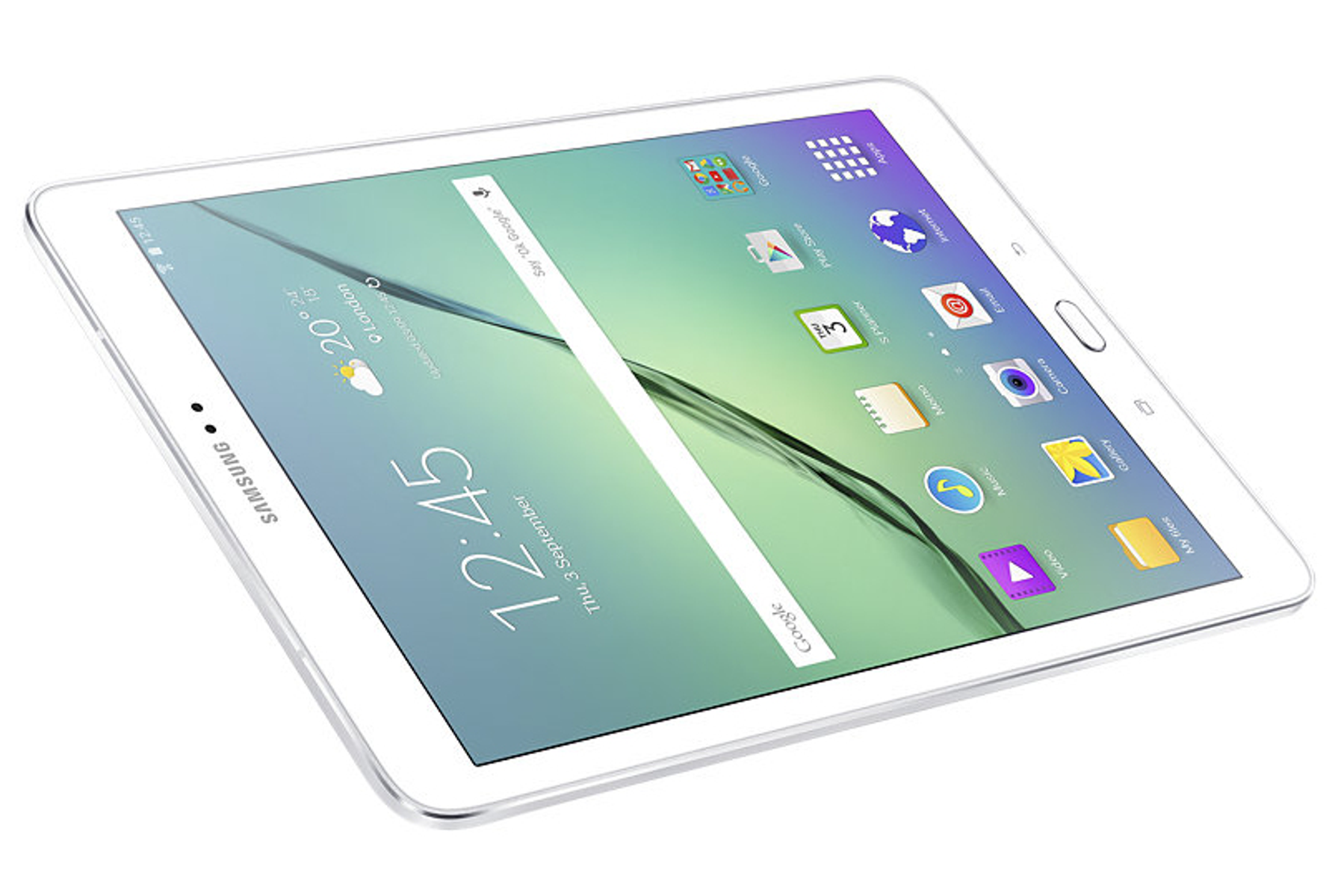 Weißes Samsung Tablet, schräge Ansicht, zeigt Startbildschirm mit App-Symbolen, auf weißem Grund.