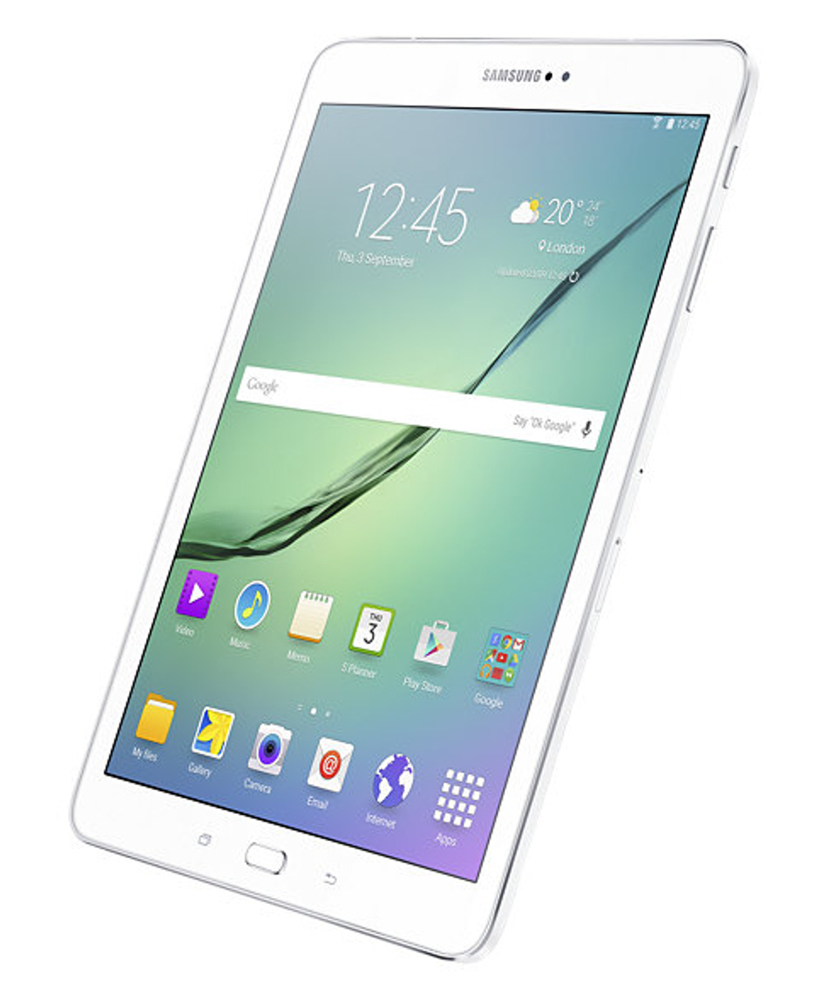 Weißes Tablet mit hellem Display, das einen Startbildschirm zeigt. Das Tablet ist auf weißem Hintergrund angewinkelt.