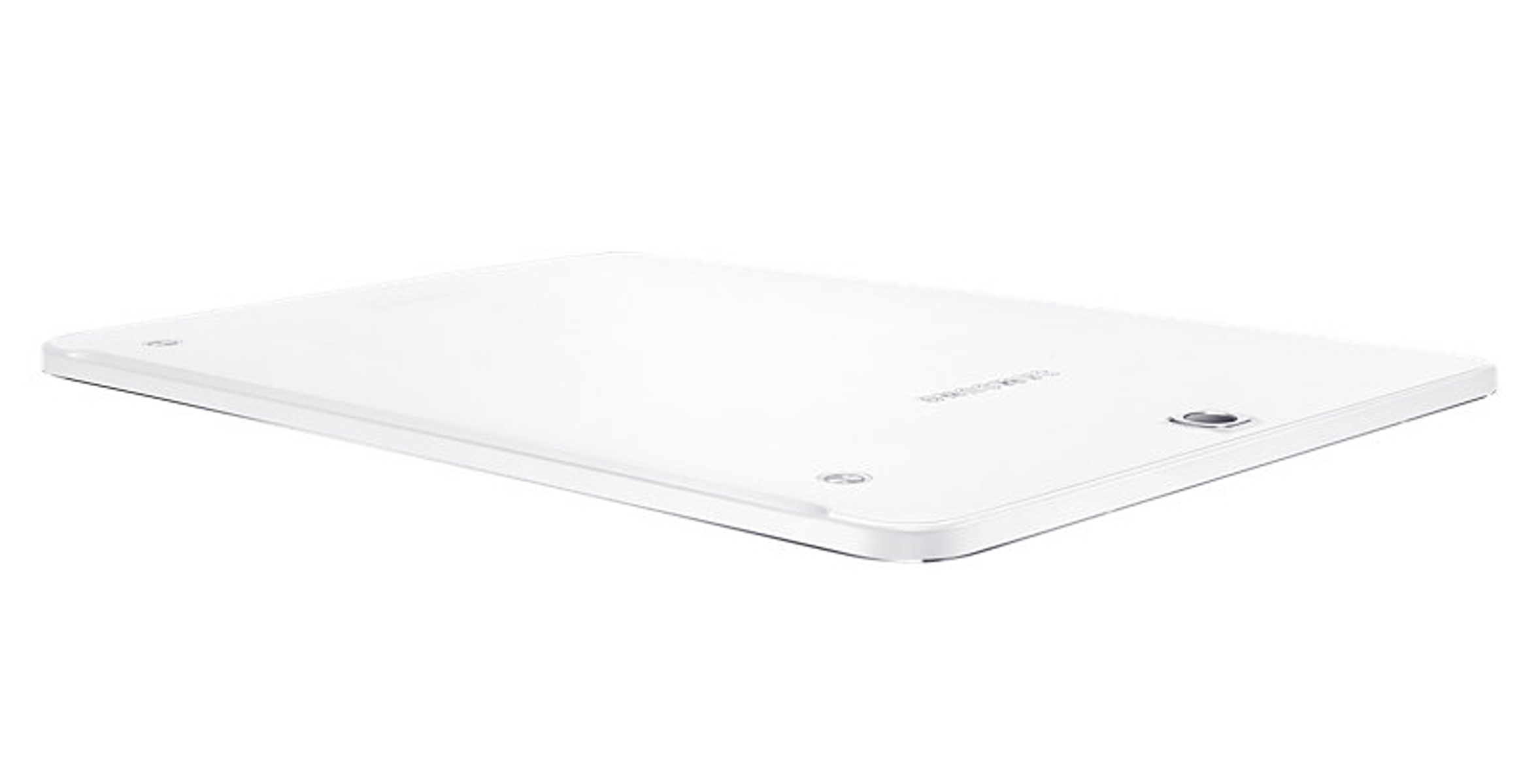 Weißes Tablet auf weißer Oberfläche. Die Rückseite des Tablets ist sichtbar, mit Kamera und Tasten.