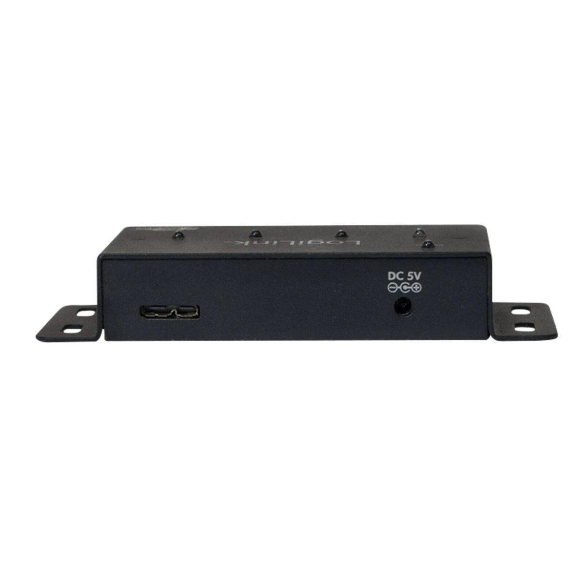 Un dispositivo elettronico nero con porta USB e porta DC 5V. Ha staffe di montaggio ai lati.