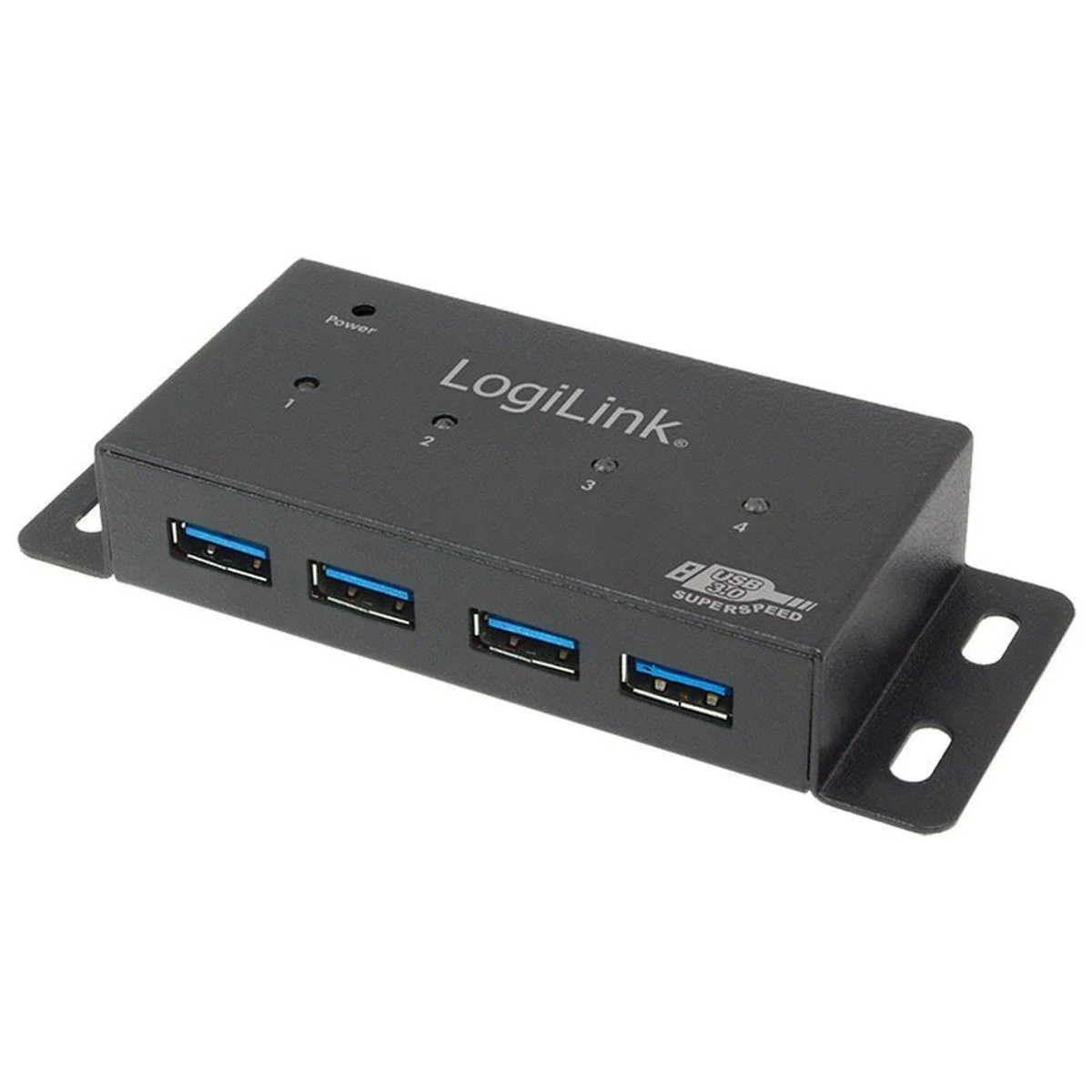 Hub USB 3.0 LogiLink nero con quattro porte USB blu e un indicatore di alimentazione.