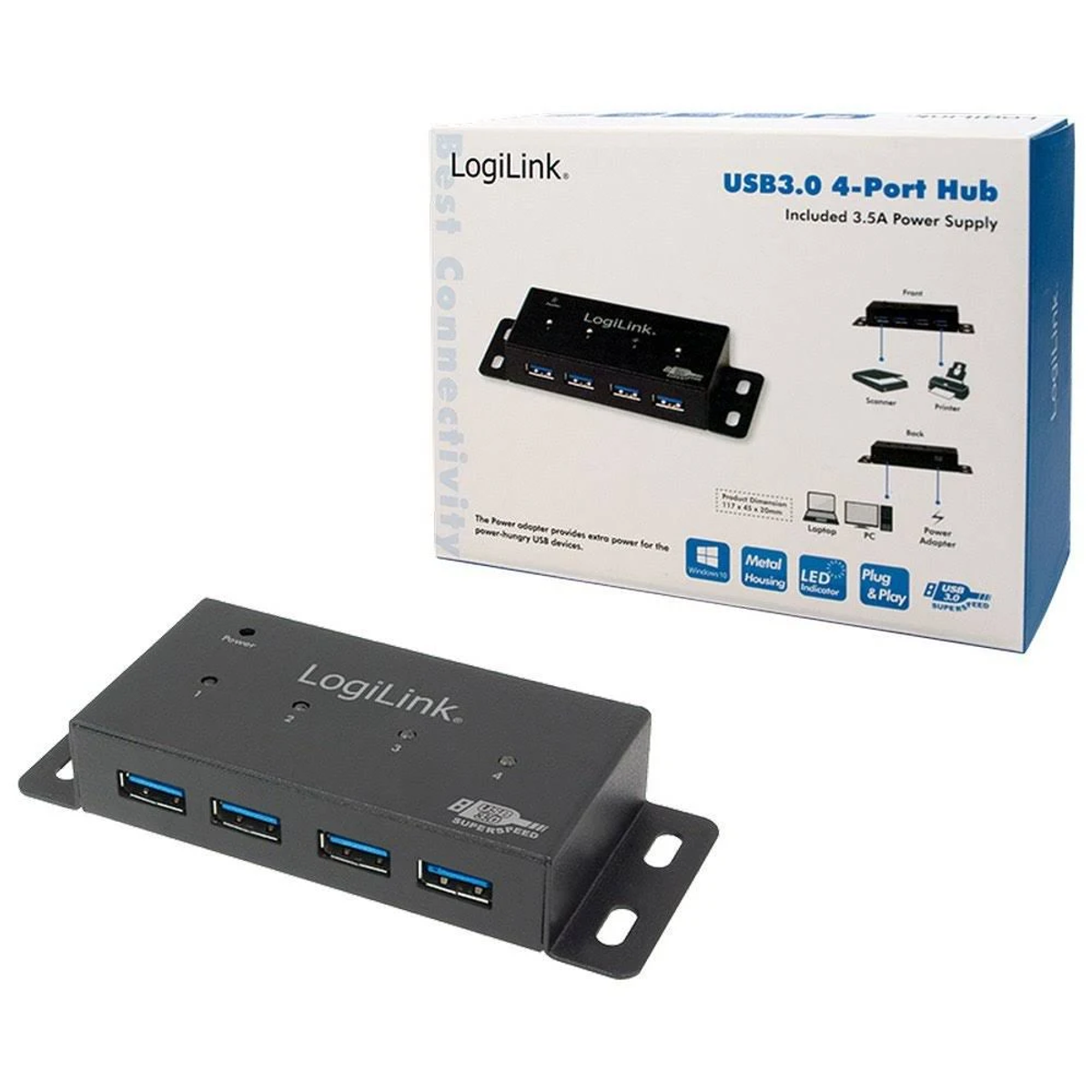 Hub USB 3.0 a 4 porte nero con una scatola. L'hub è su una superficie bianca.