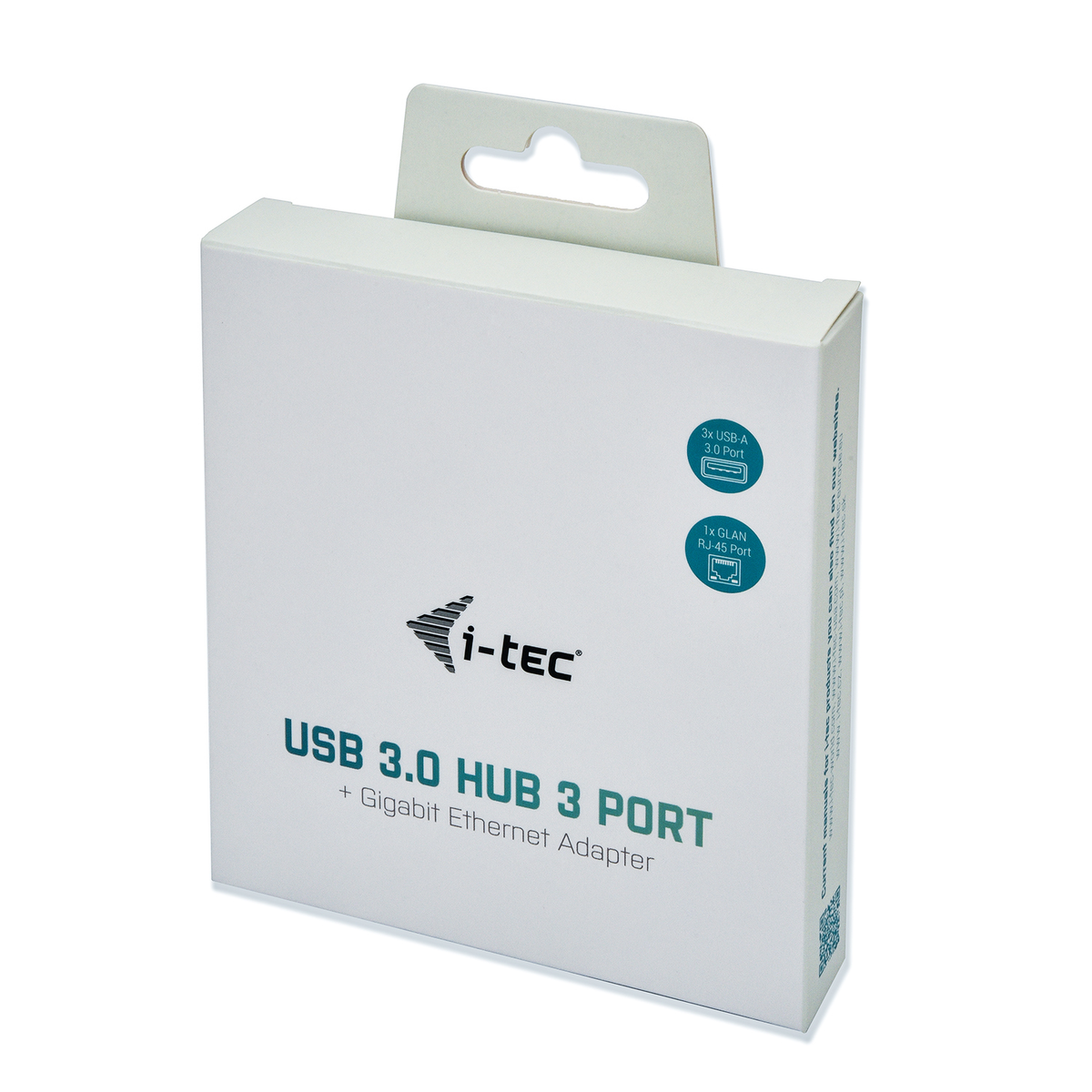 Witte doos met een productlabel, met een USB-hub met poorten op een witte achtergrond.